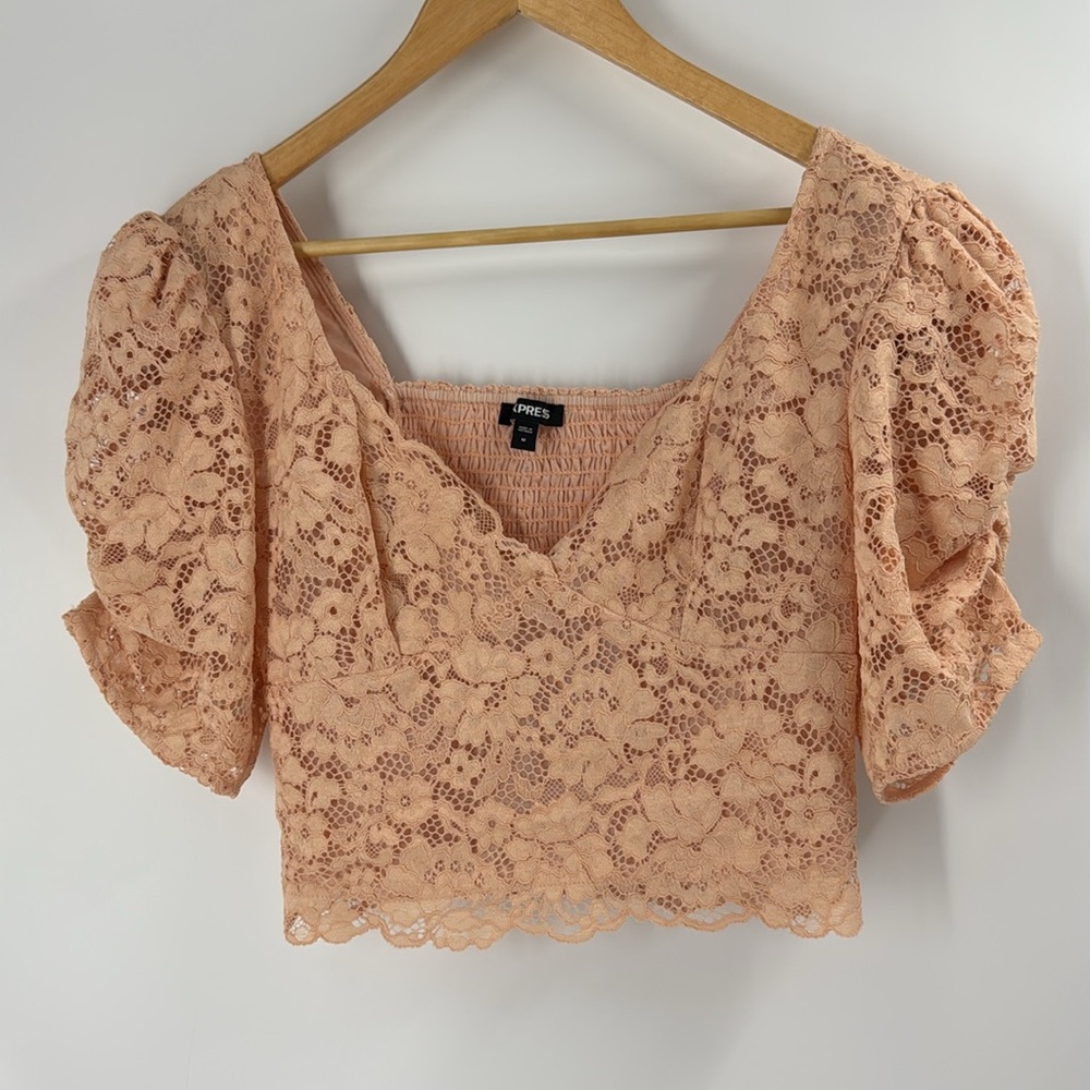 Express Vintage peach crop top lace puff sleeve V neck womens spring summer top